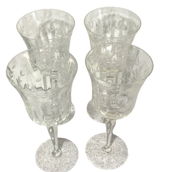 Vintage Mid Century Etched Clear Crystal Wine Glasses Water Goblets Set of 4 - Picture 12 of 12